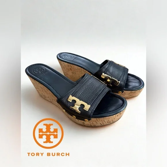 TORY BURCH Navy Leather Ines Cork Wedge Sandals - Gold Logo w/ shoe bag 9M - Picture 1 of 9